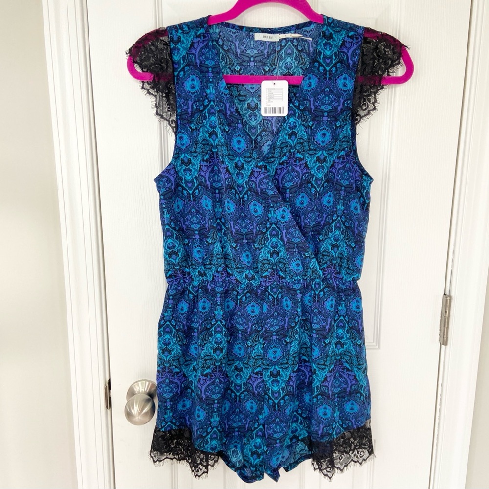 Kimchi Blue Multicolored Blue with Black Lace-Inset Silky Romper NEW Medium